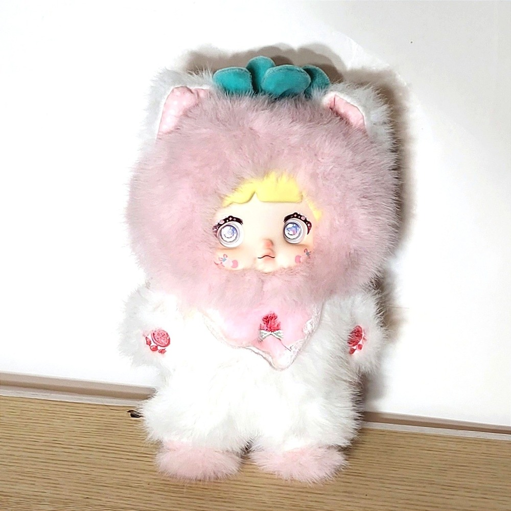 Nommi Plush Doll Pink White Faux Fur Vinyl Face Eye Change Collectible Toy 8in